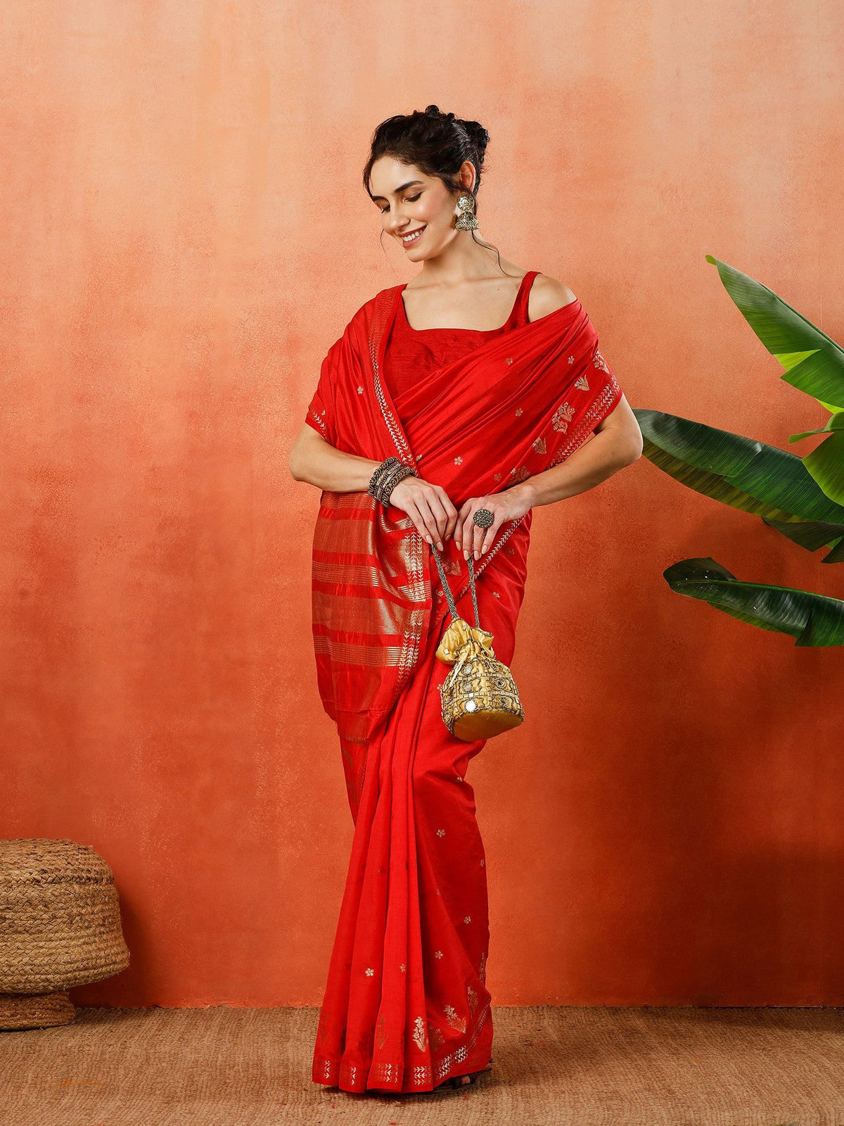 Red Zari Booti Art Silk Saree