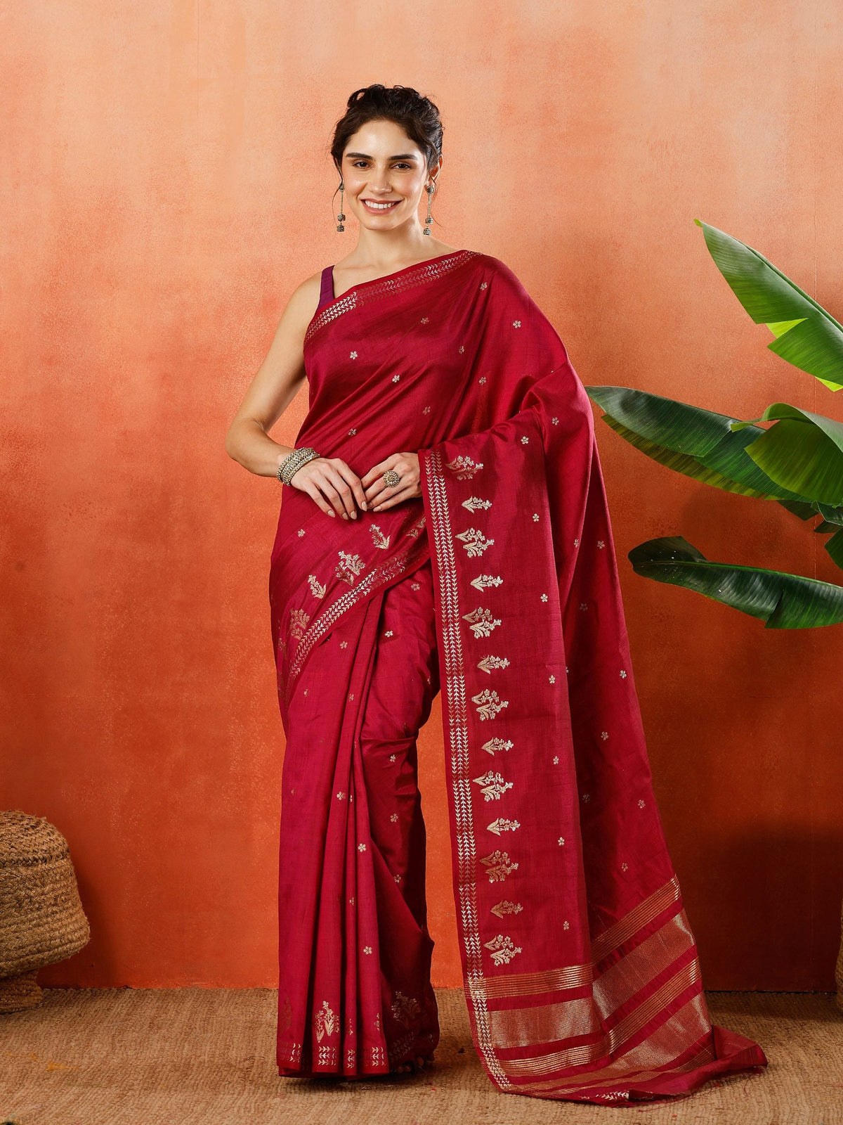 Wine Zari Booti Art Silk Saree