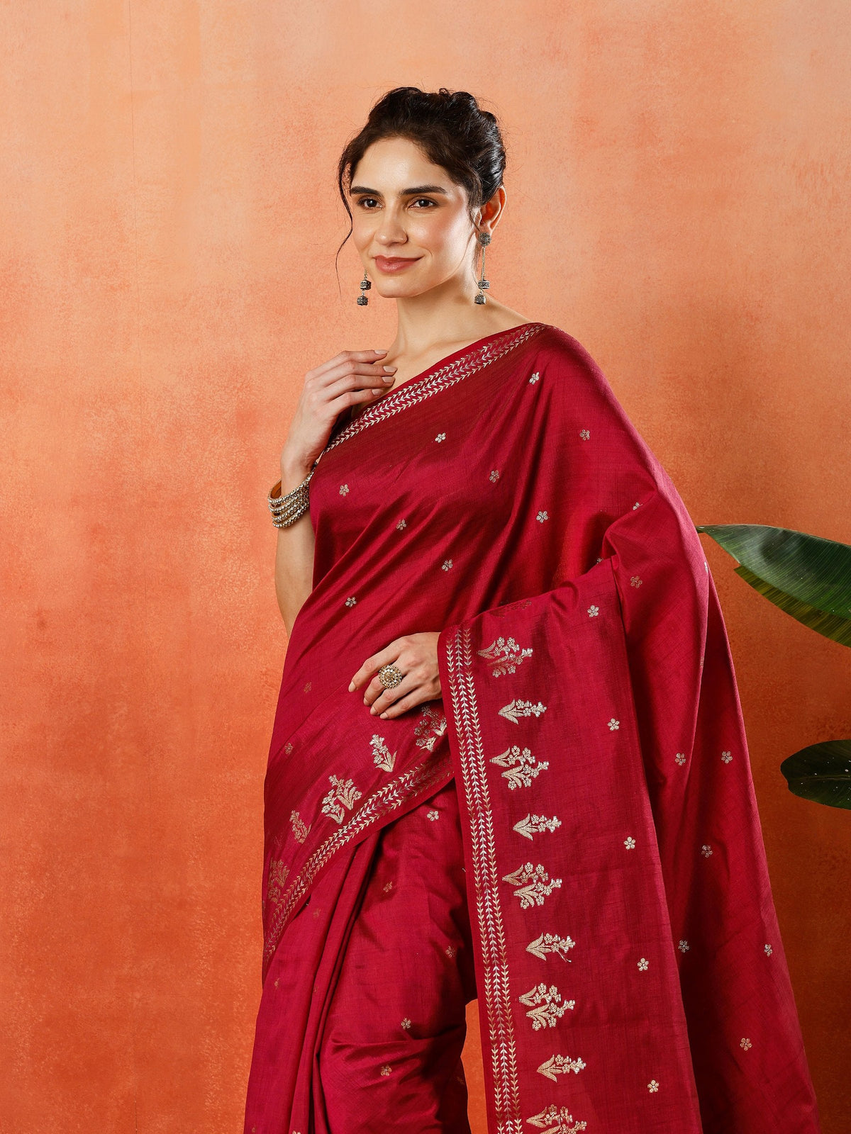 Wine Zari Booti Art Silk Saree