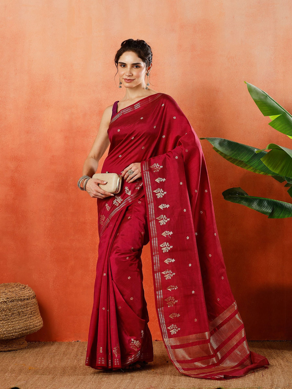 Wine Zari Booti Art Silk Saree