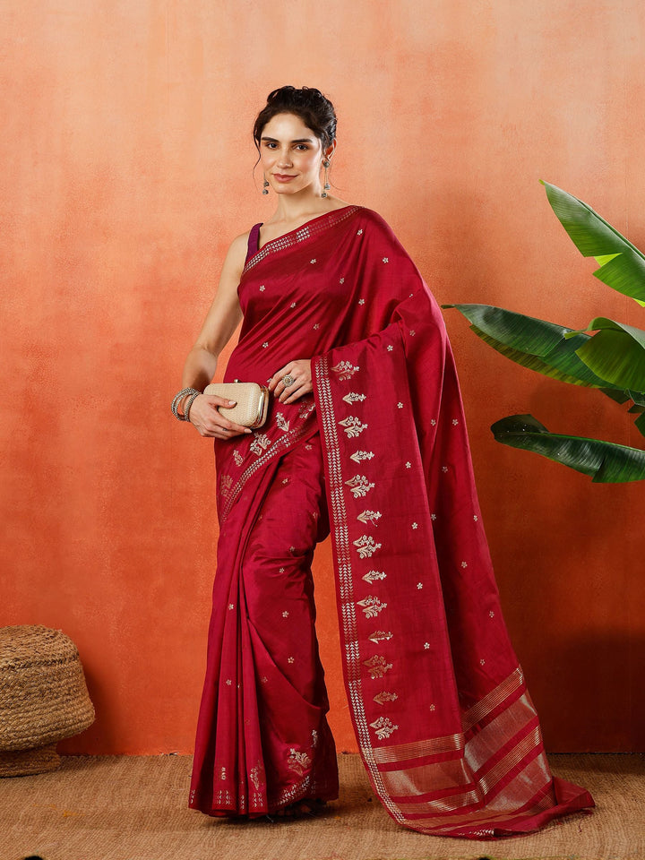 Wine Zari Booti Art Silk Saree