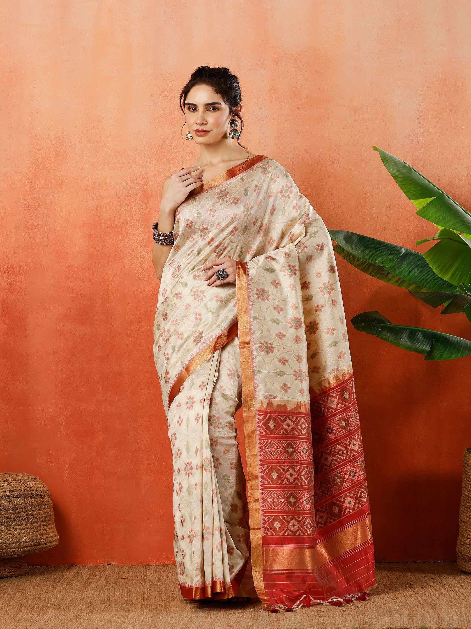 Cream Zari Jaal Tussar Saree
