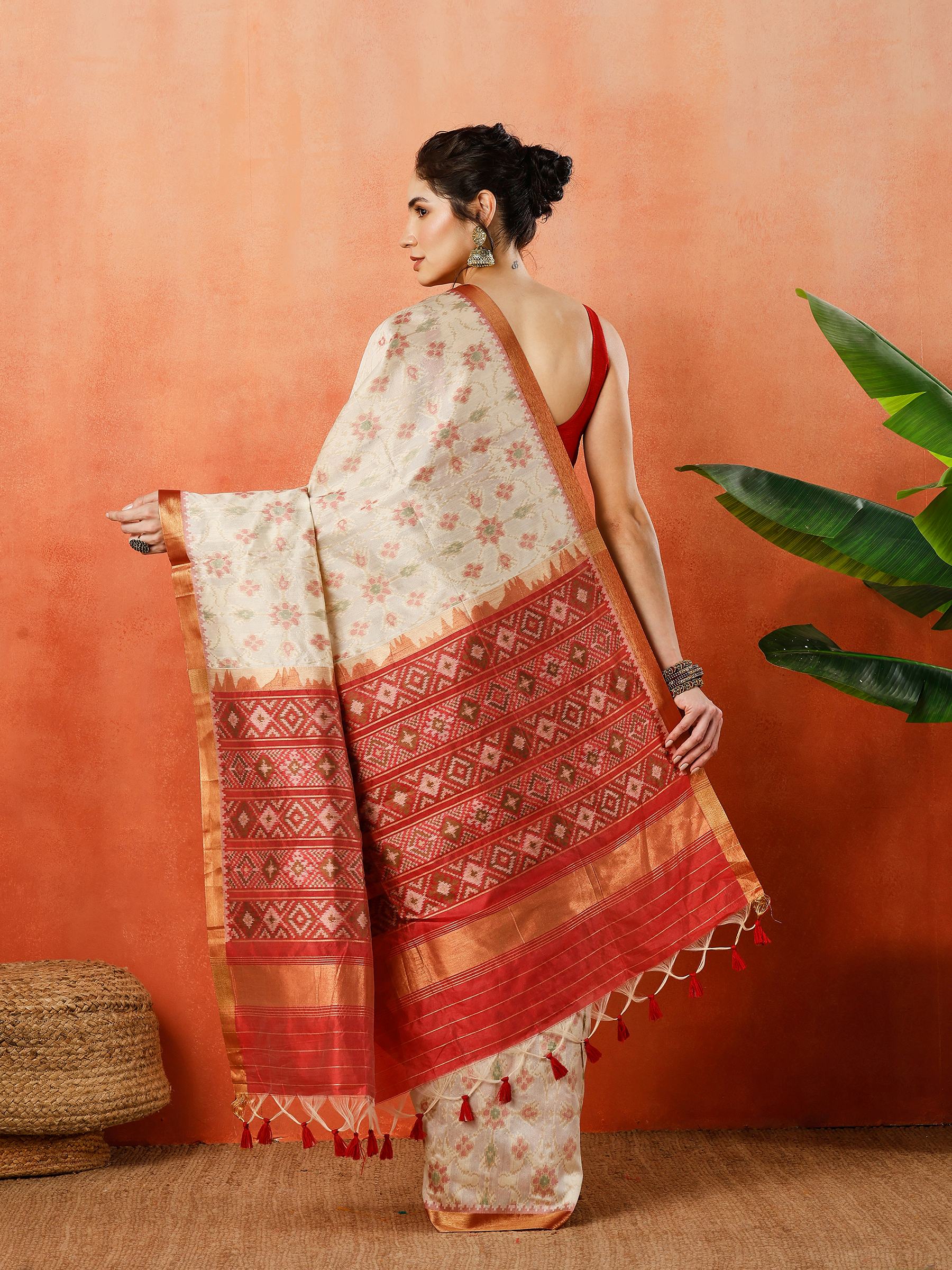 Cream Zari Jaal Tussar Saree