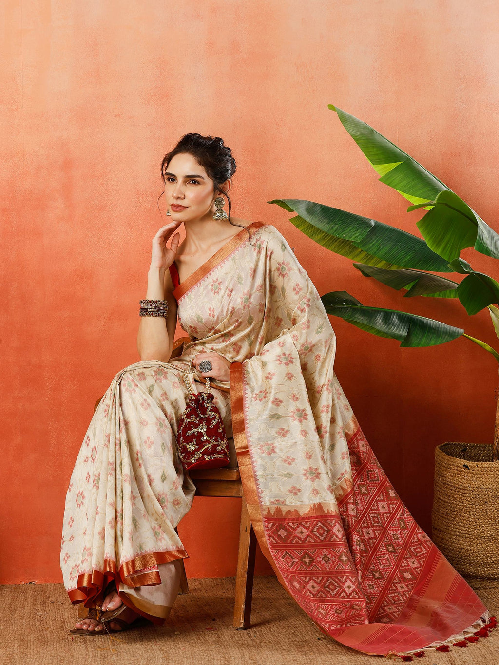 Cream Zari Jaal Tussar Saree