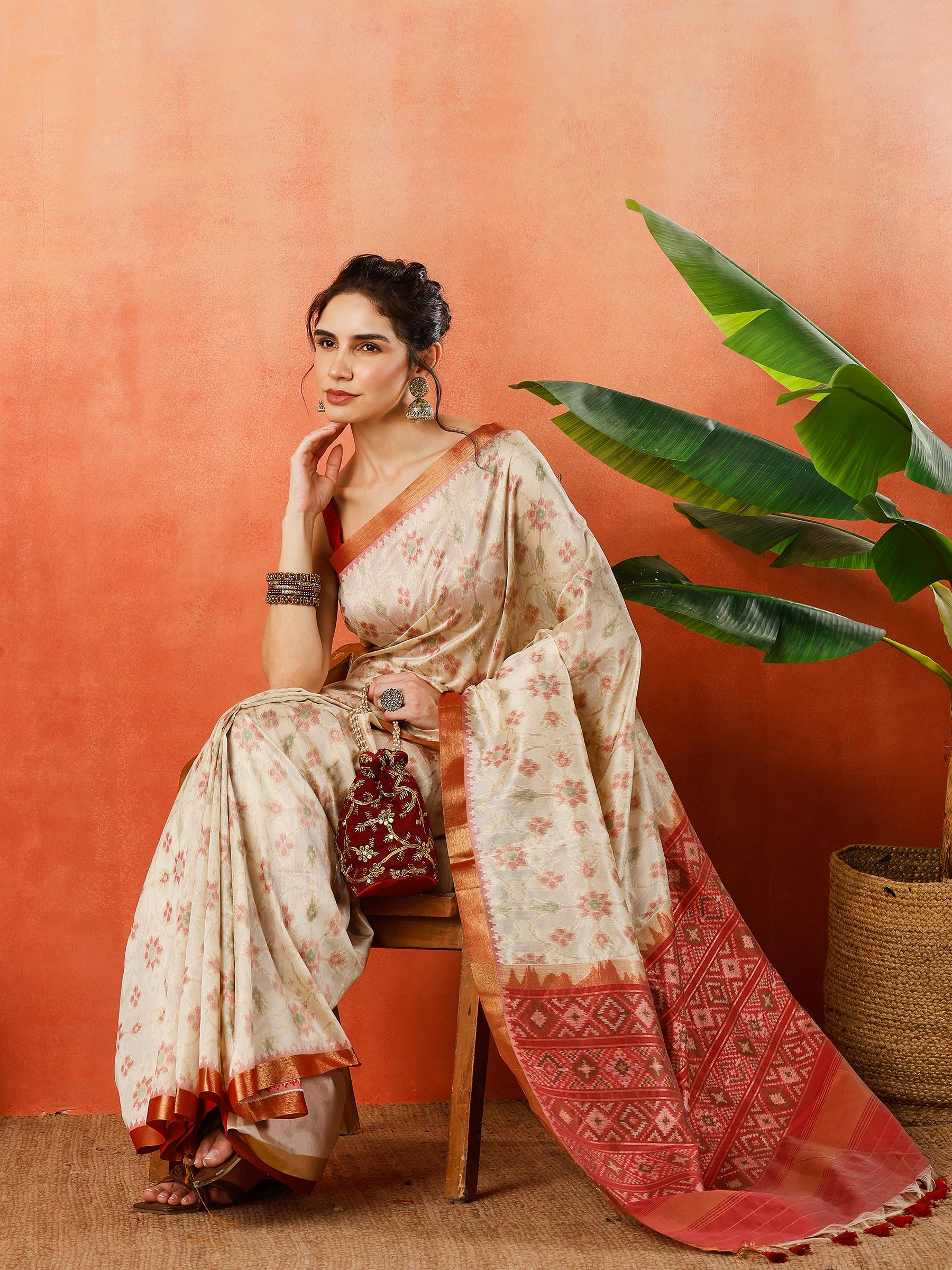 Cream Zari Jaal Tussar Saree