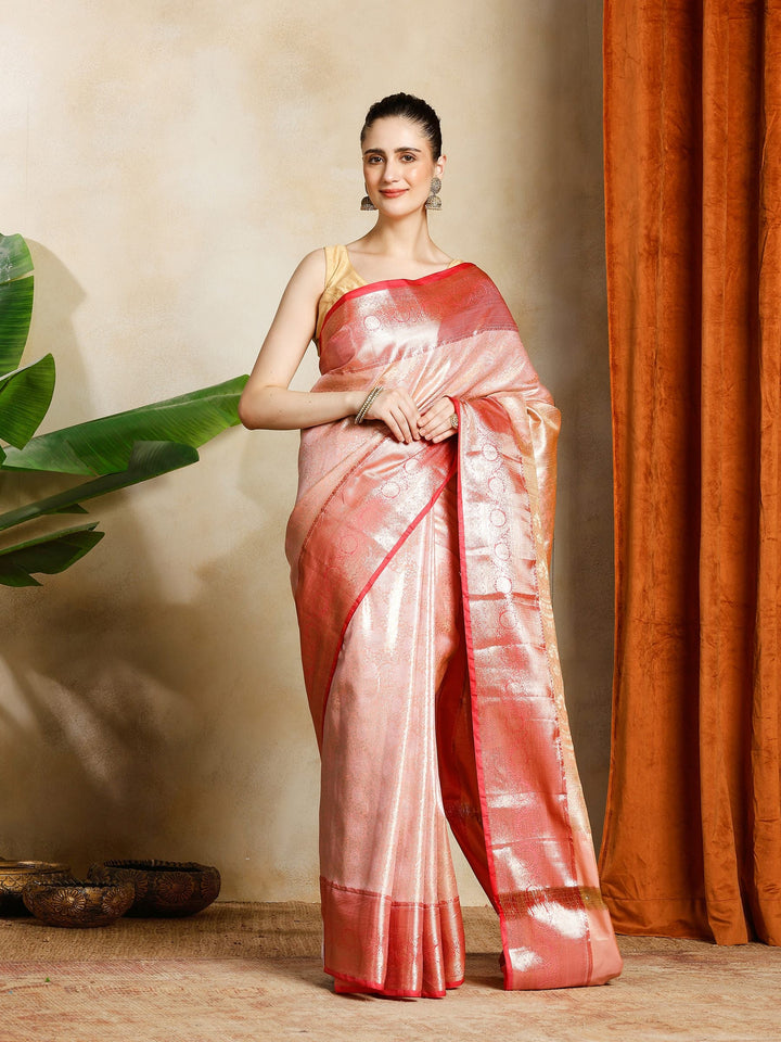 Peach Kalamkari Woven Design Art Silk Saree