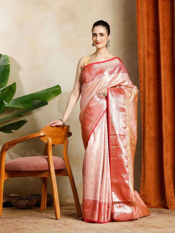Peach Kalamkari Woven Design Art Silk Saree