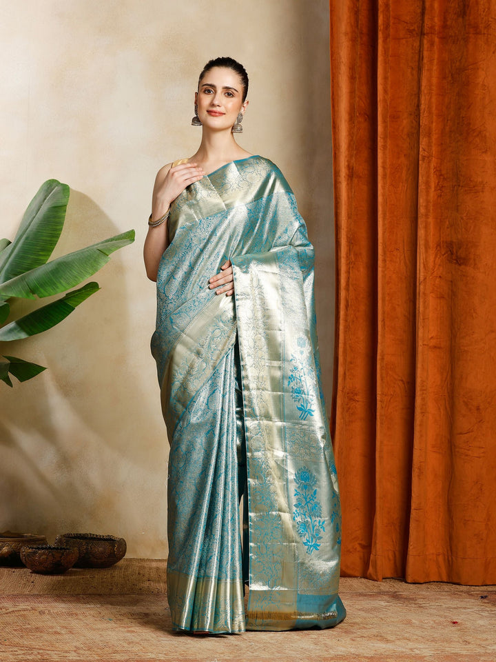 Lake Blue Kalamkari Woven Design Art Silk Saree