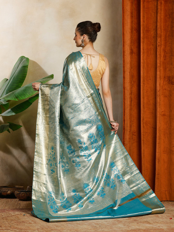 Lake Blue Kalamkari Woven Design Art Silk Saree