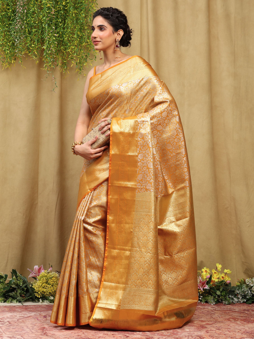 Orange Kalamkari Woven Design Art Silk Saree