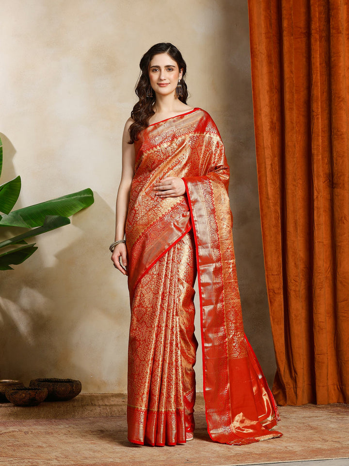 Red Kalamkari Woven Design Art Silk Saree