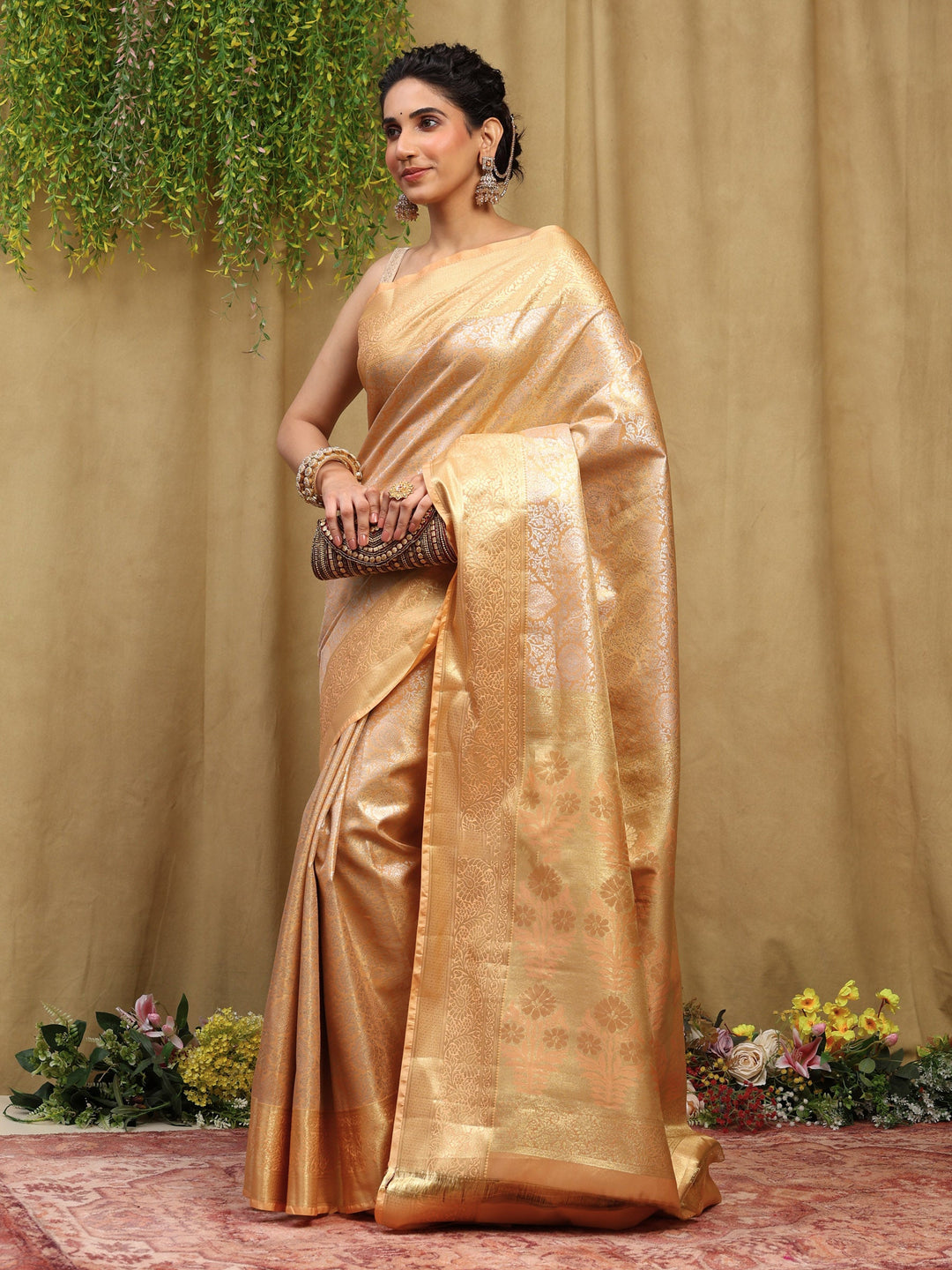 Peach Kalamkari Woven Design Art Silk Saree