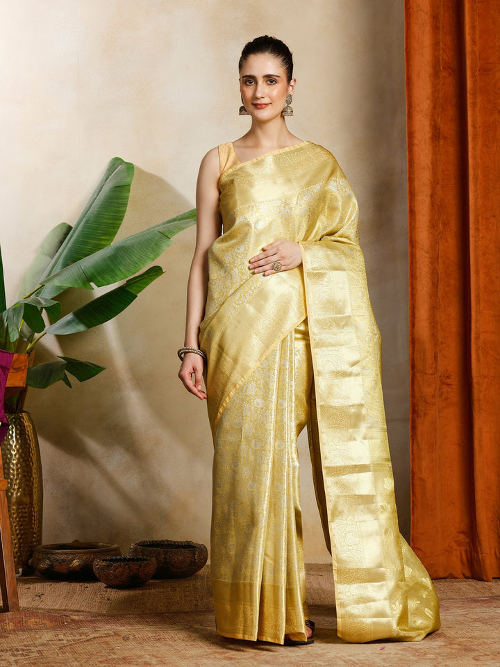 Golden Beige Kalamkari Woven Design Art Silk Saree