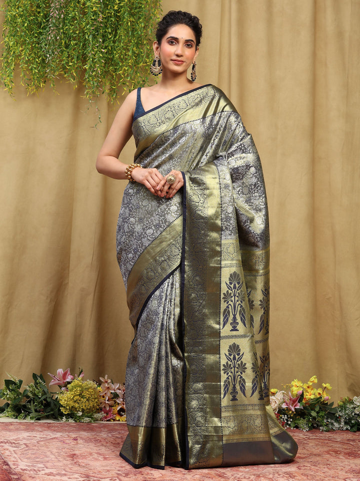 Grey Navy Kalamkari Woven Design Art Silk Saree