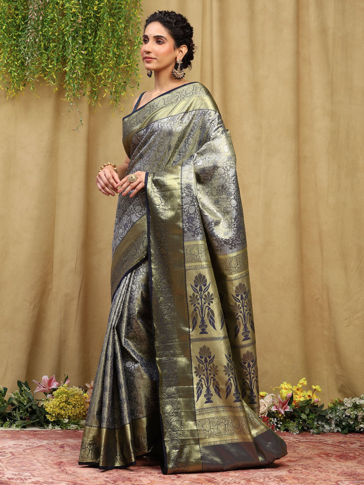 Grey Navy Kalamkari Woven Design Art Silk Saree