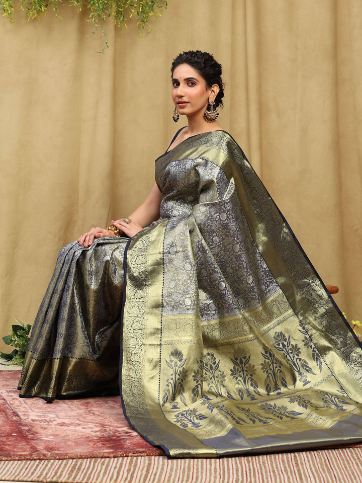 Grey Navy Kalamkari Woven Design Art Silk Saree