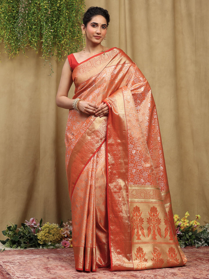 Orange Kalamkari Woven Design Art Silk Saree