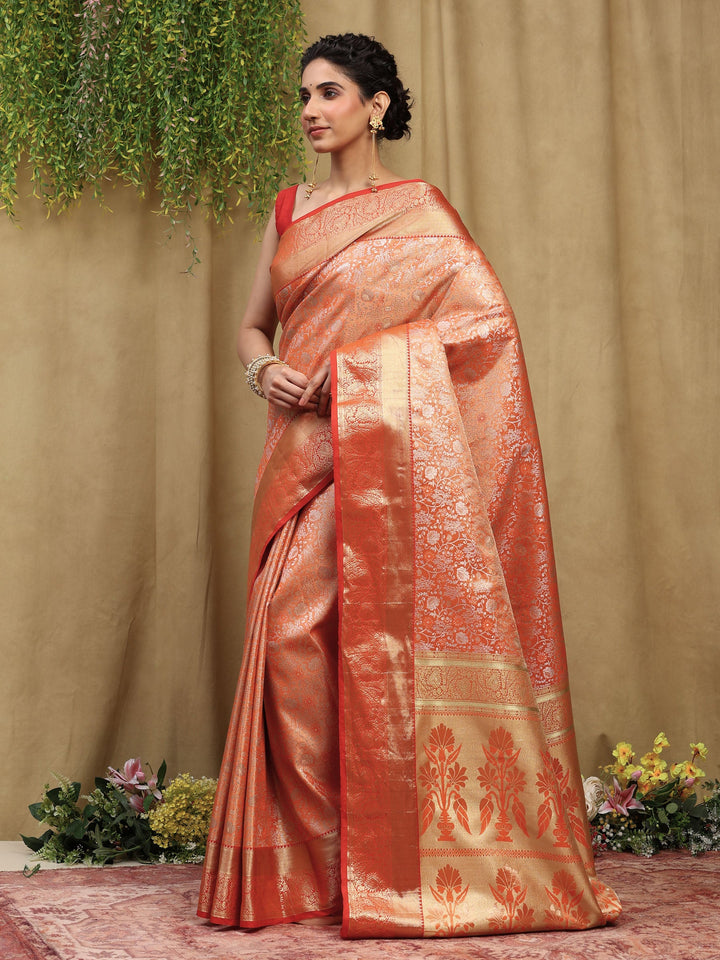Orange Kalamkari Woven Design Art Silk Saree