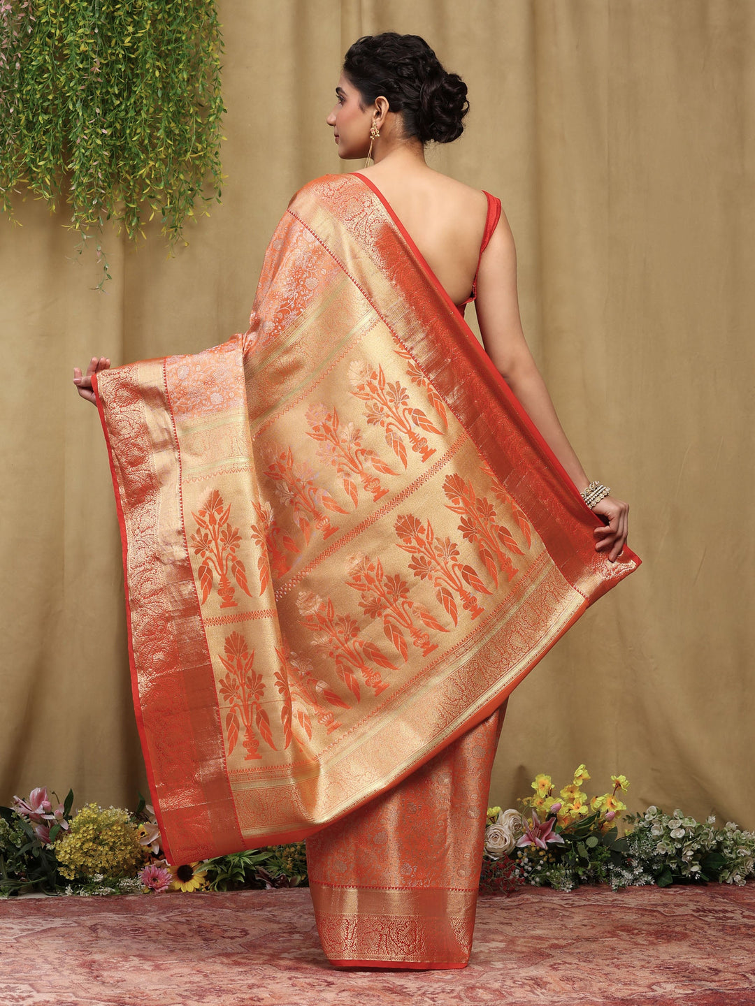 Orange Kalamkari Woven Design Art Silk Saree