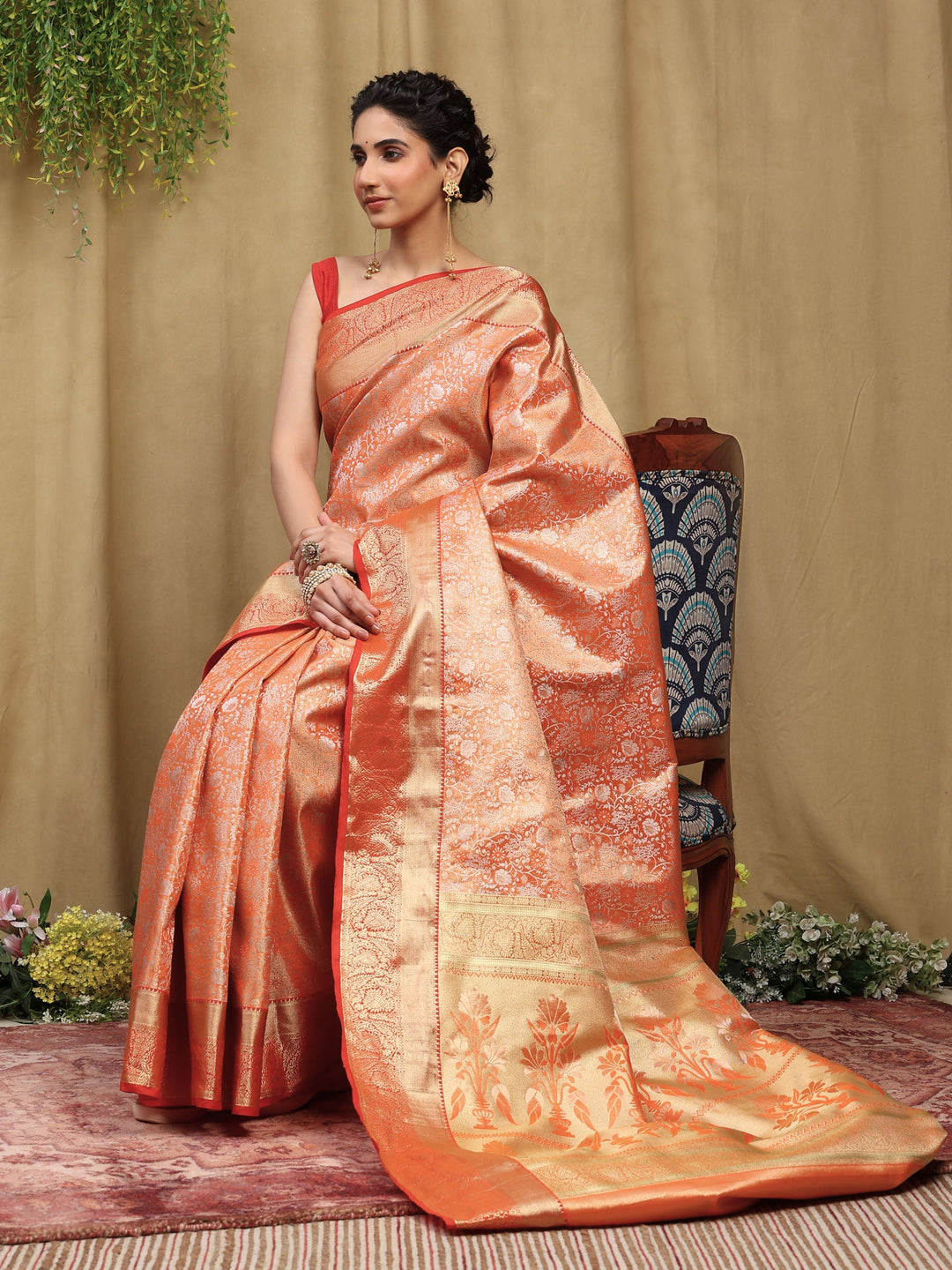 Orange Kalamkari Woven Design Art Silk Saree