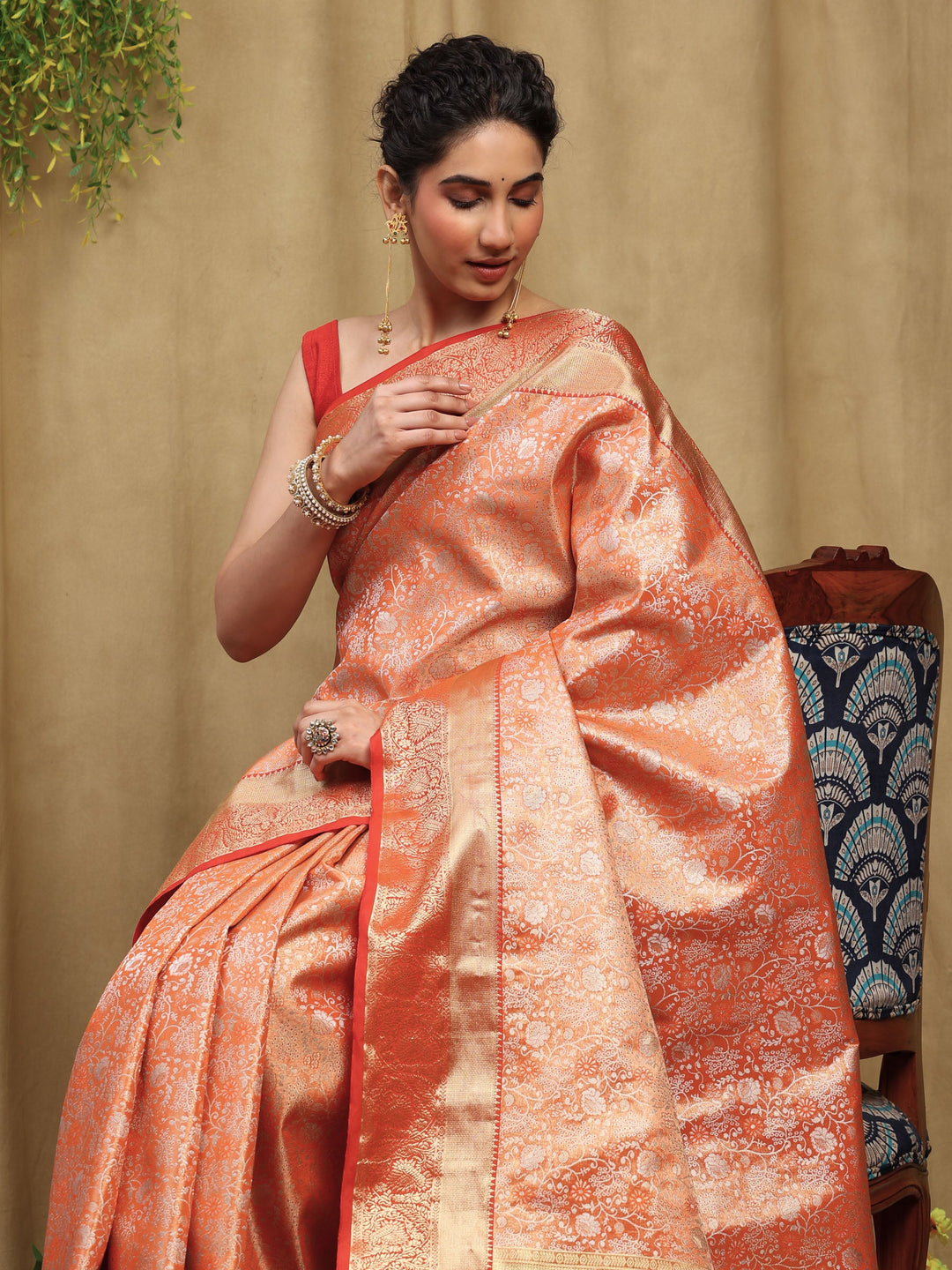 Orange Kalamkari Woven Design Art Silk Saree