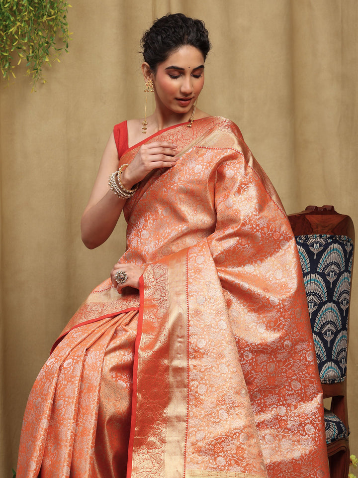 Orange Kalamkari Woven Design Art Silk Saree