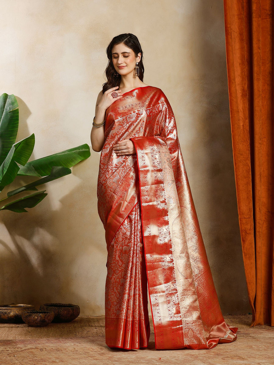 Rust Kalamkari Woven Design Art Silk Saree