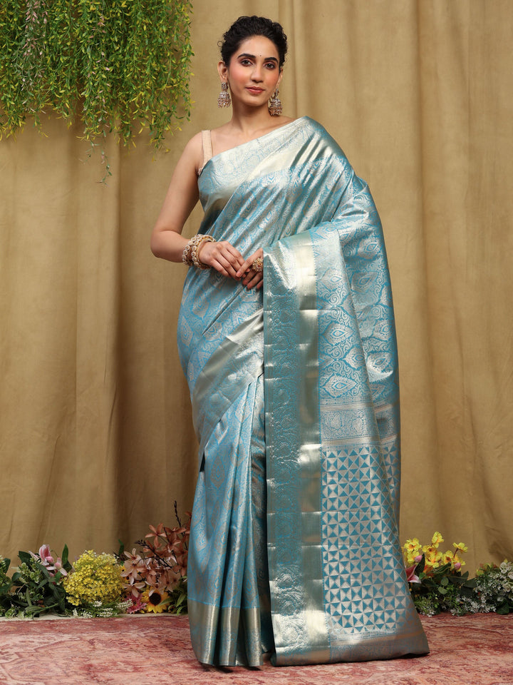 Lake Blue Kalamkari Woven Design Art Silk Saree