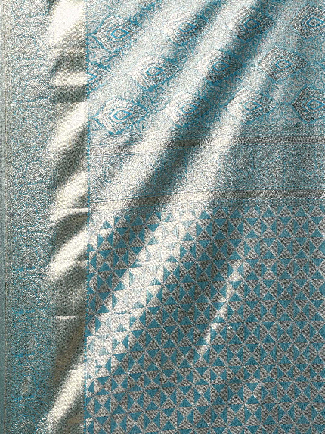 Lake Blue Kalamkari Woven Design Art Silk Saree