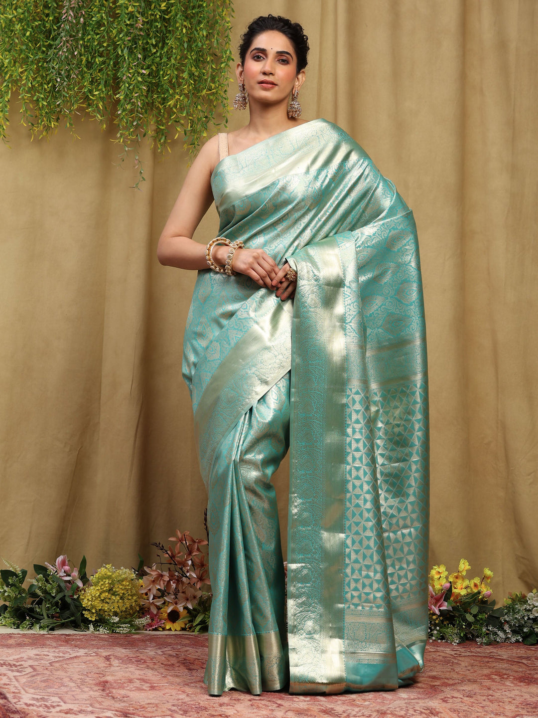 Sea Green Kalamkari Woven Design Art Silk Saree