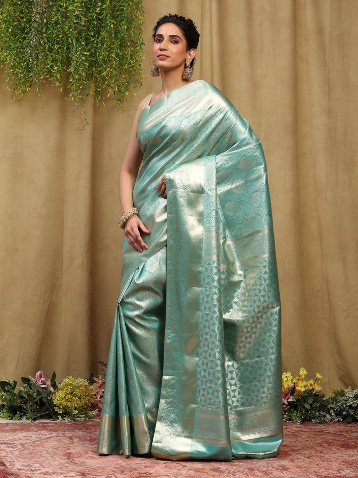 Sea Green Kalamkari Woven Design Art Silk Saree