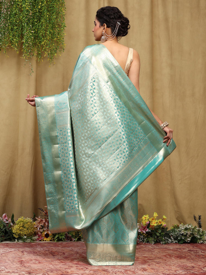 Sea Green Kalamkari Woven Design Art Silk Saree