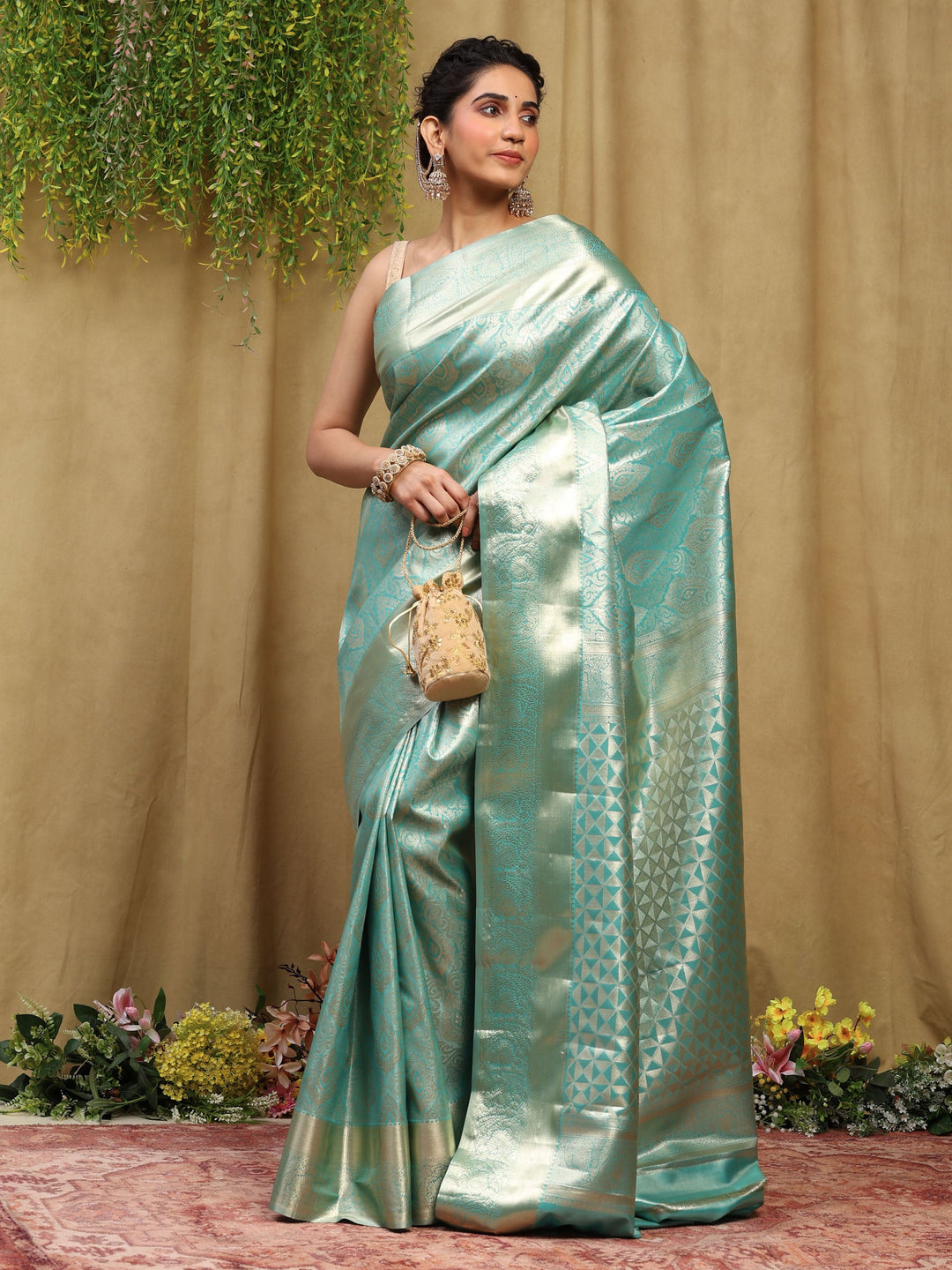 Sea Green Kalamkari Woven Design Art Silk Saree