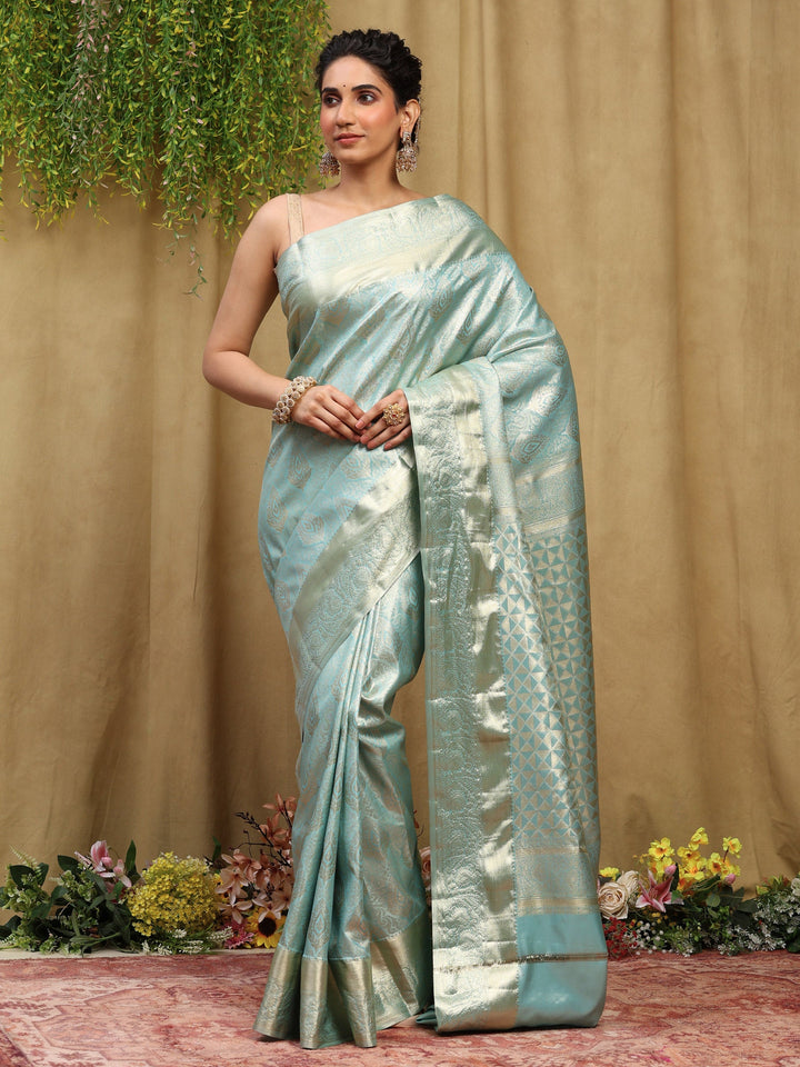 Sky Blue Kalamkari Woven Design Art Silk Saree
