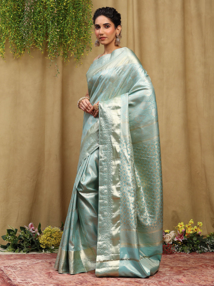 Sky Blue Kalamkari Woven Design Art Silk Saree