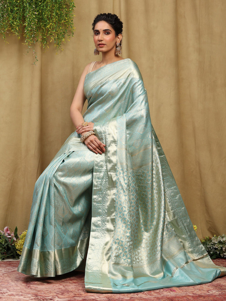 Sky Blue Kalamkari Woven Design Art Silk Saree