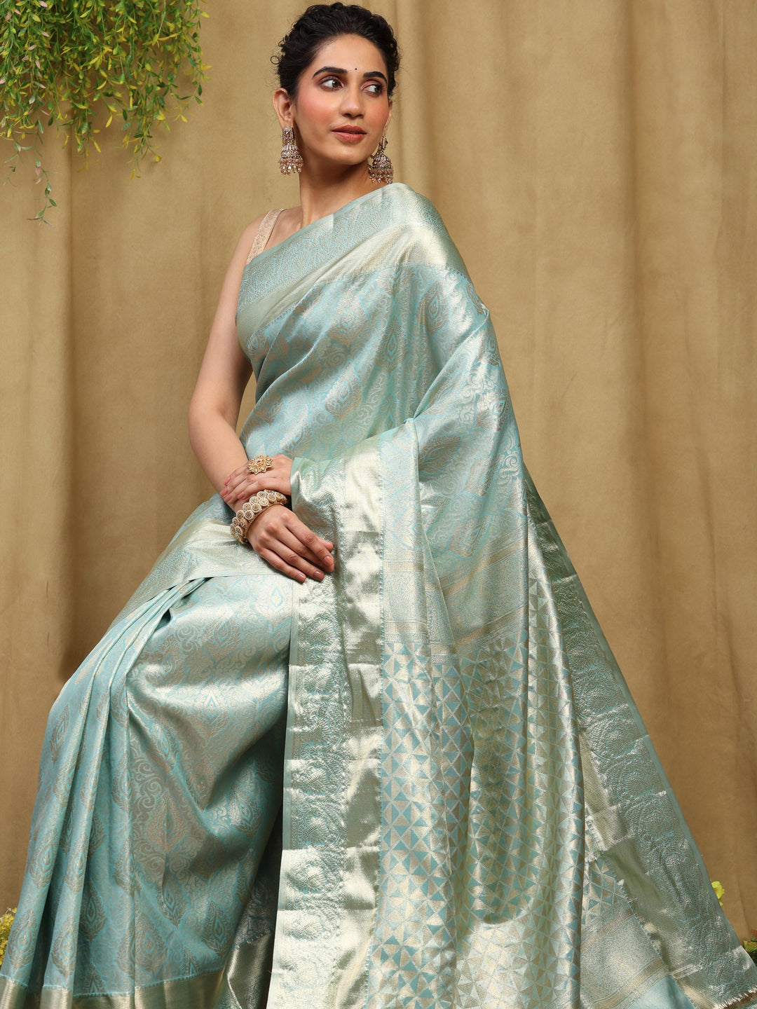 Sky Blue Kalamkari Woven Design Art Silk Saree