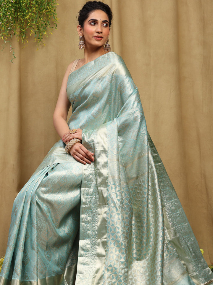Sky Blue Kalamkari Woven Design Art Silk Saree