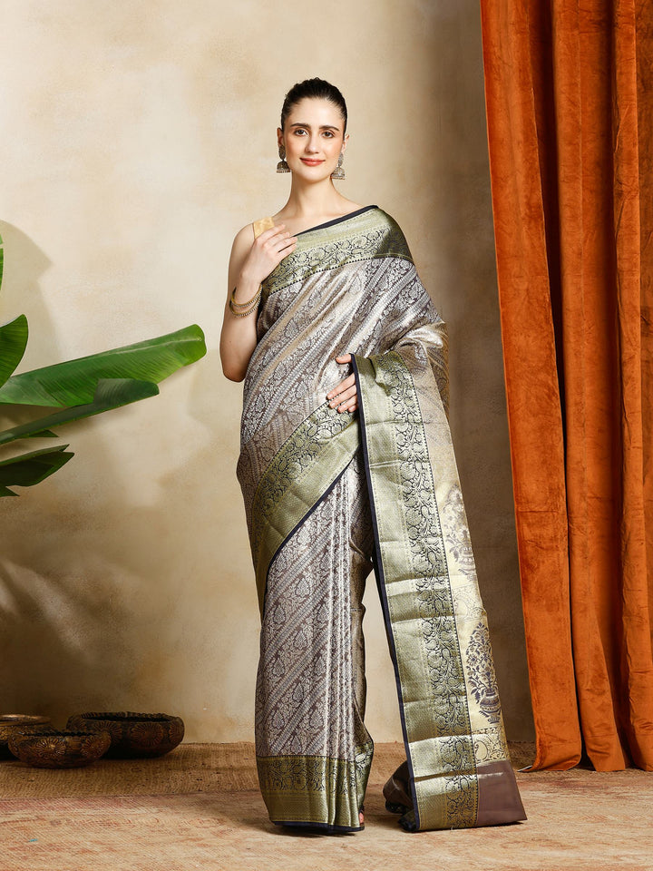 Grey Kalamkari Woven Design Art Silk Saree