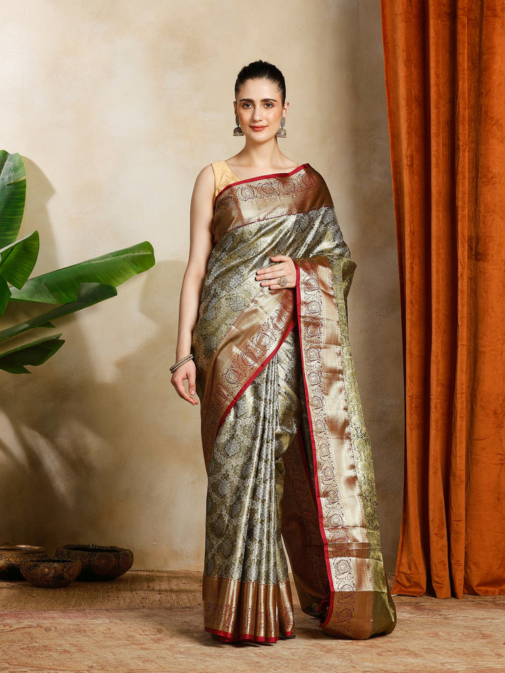 Olive Green Kalamkari Woven Design Art Silk Saree