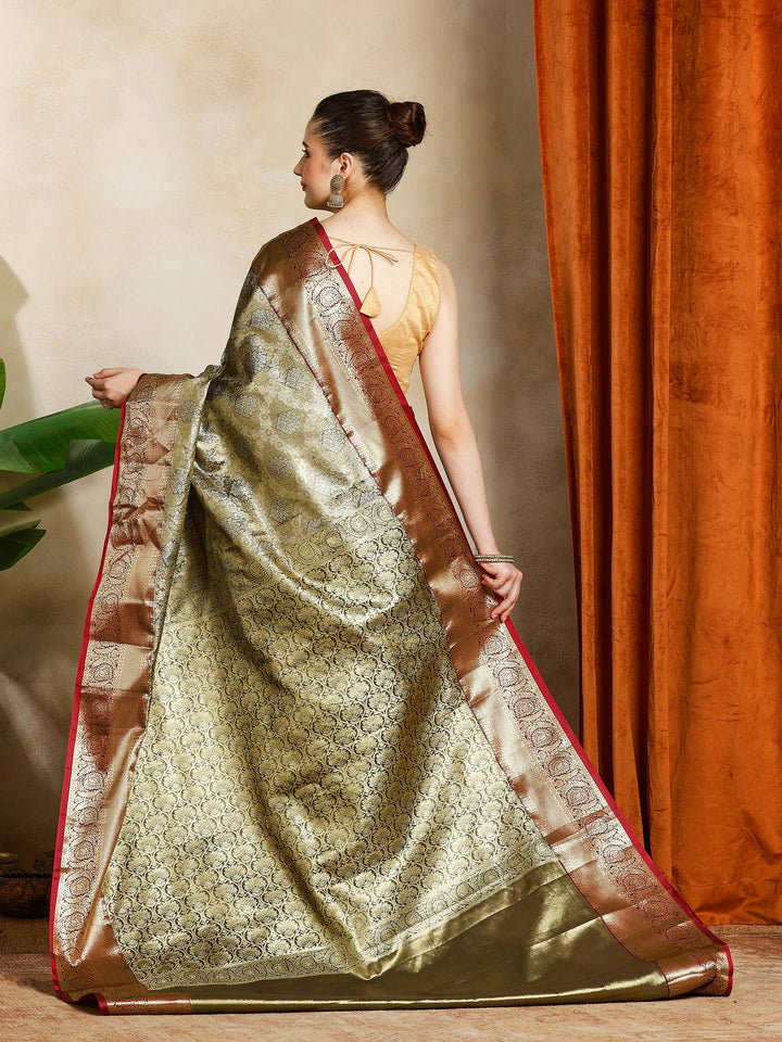 Olive Green Kalamkari Woven Design Art Silk Saree