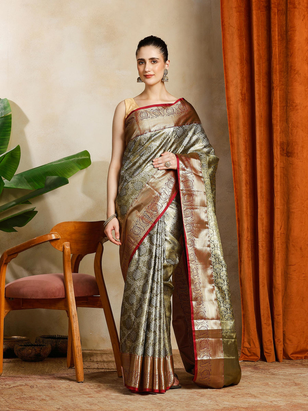 Olive Green Kalamkari Woven Design Art Silk Saree