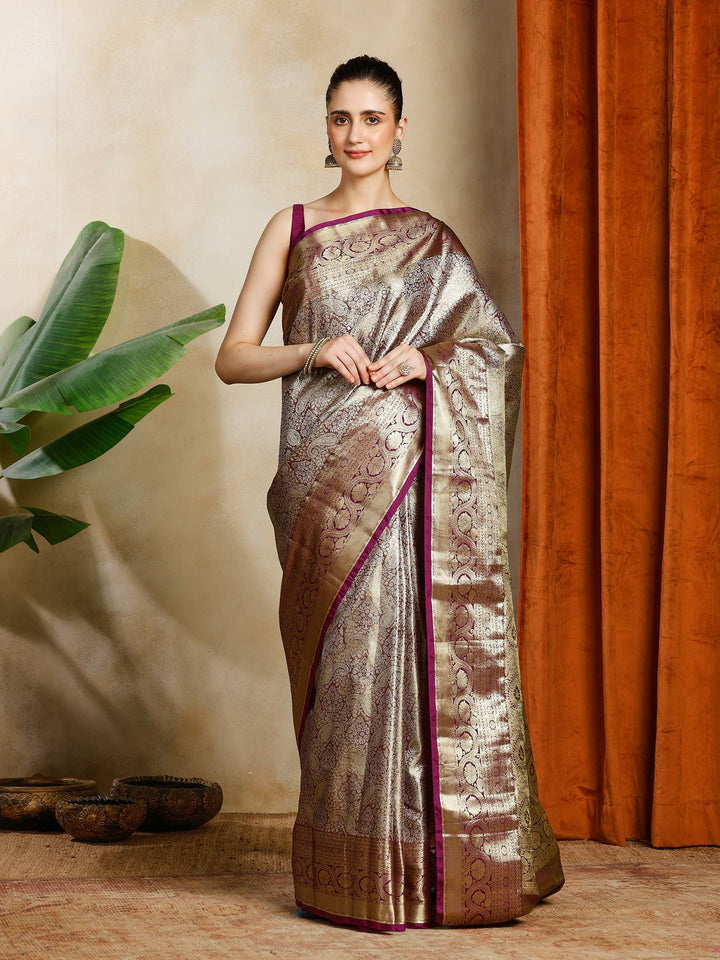 Grey Purple Kalamkari Woven Design Art Silk Saree