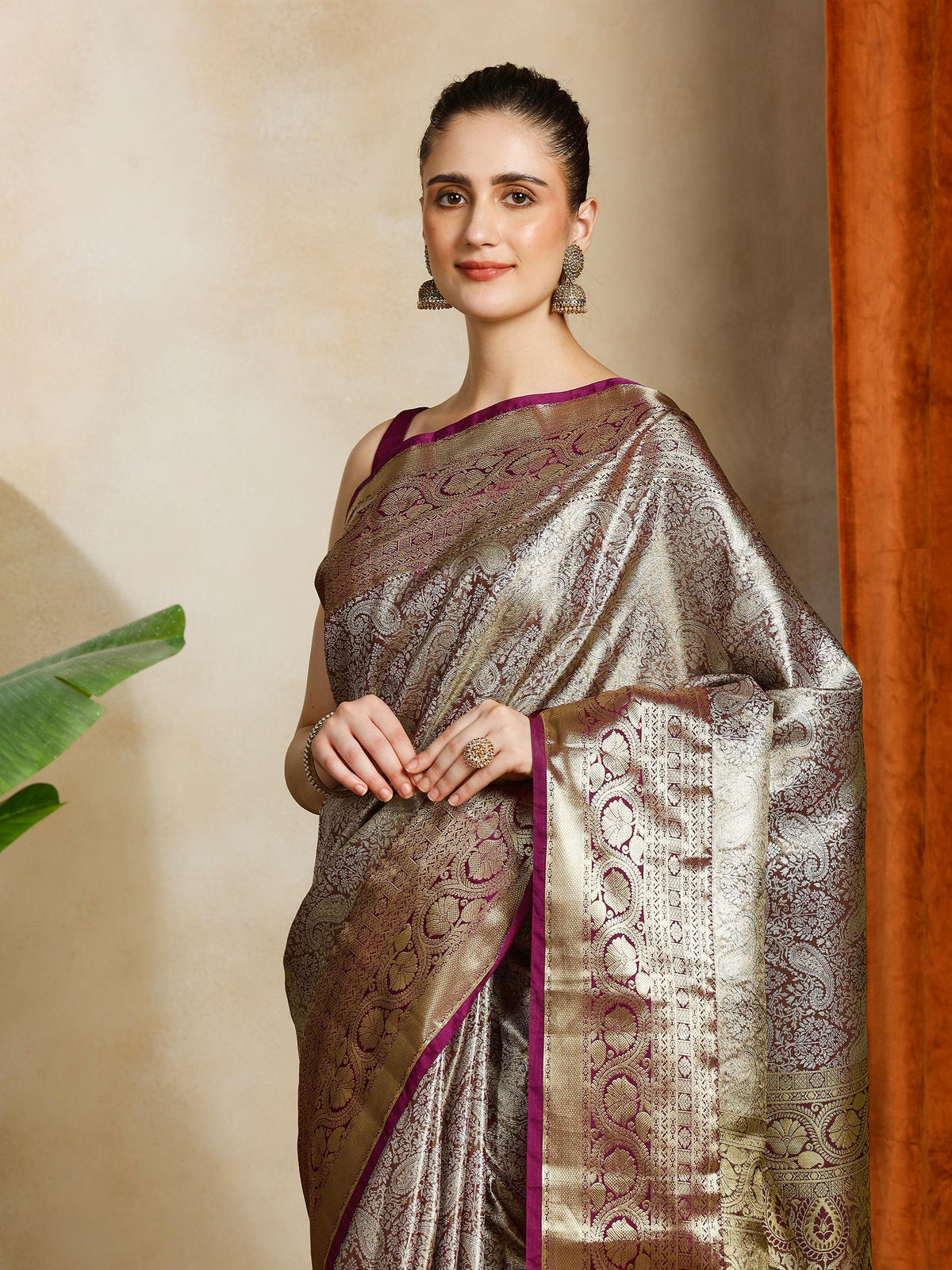 Grey Purple Kalamkari Woven Design Art Silk Saree