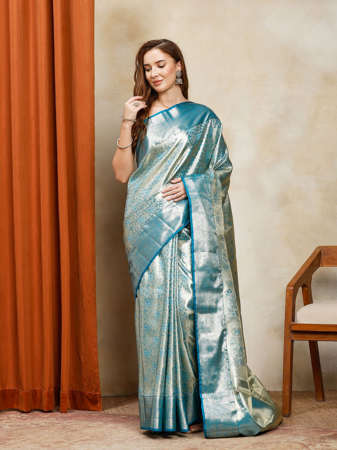 Lake Blue Kalamkari Woven Design Art Silk Saree