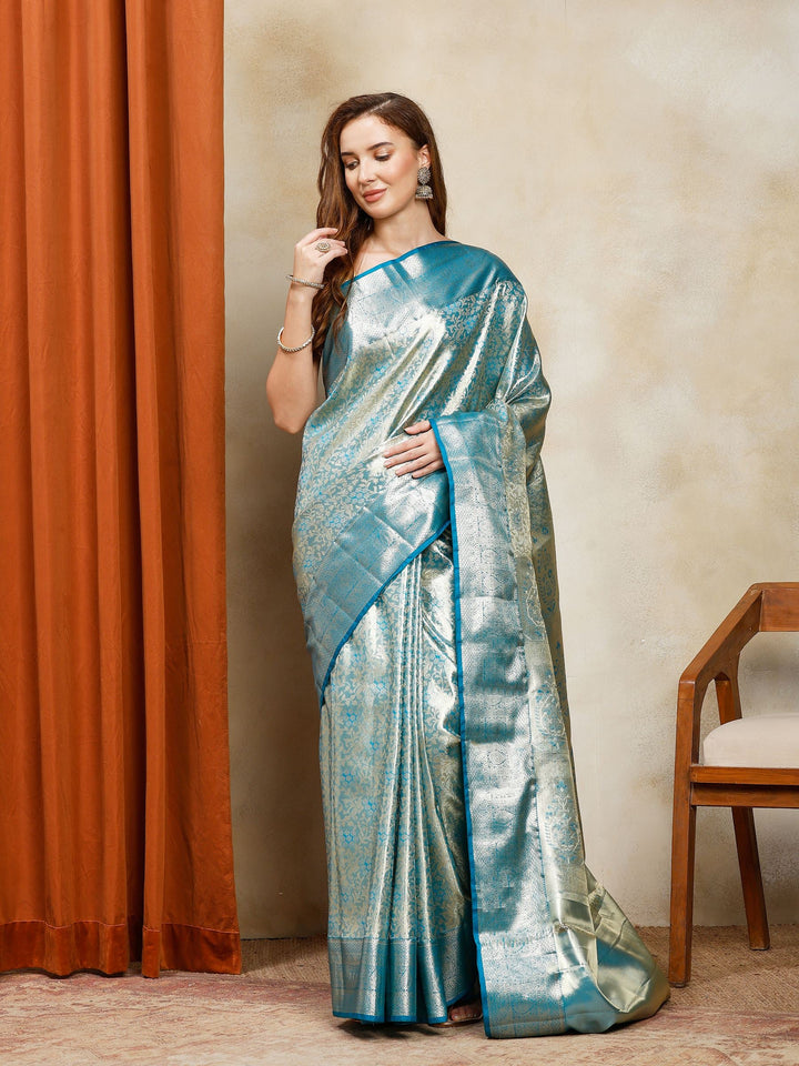 Lake Blue Kalamkari Woven Design Art Silk Saree