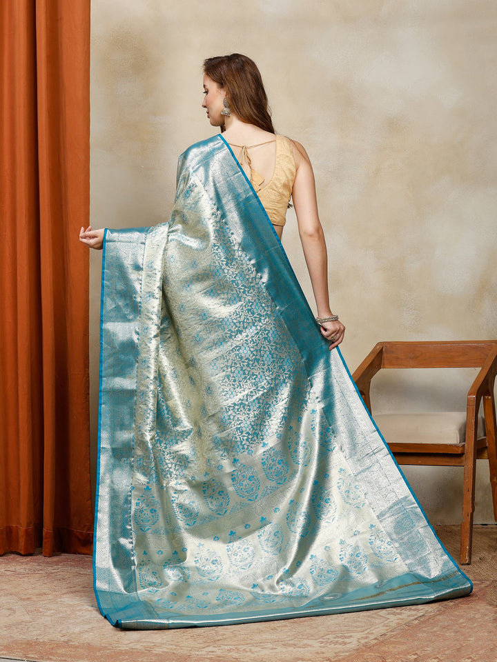 Lake Blue Kalamkari Woven Design Art Silk Saree