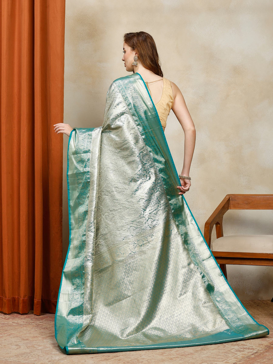 Aqua Blue Kalamkari Woven Design Art Silk Saree