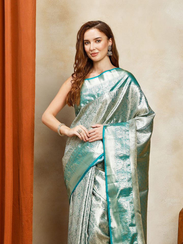 Aqua Blue Kalamkari Woven Design Art Silk Saree