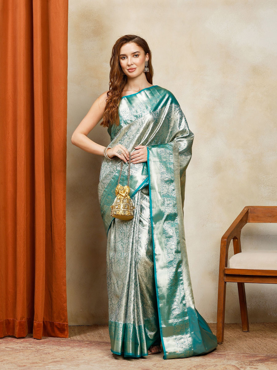 Aqua Blue Kalamkari Woven Design Art Silk Saree